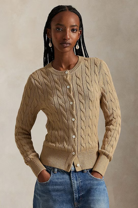 Cable-Knit Cotton Crewneck Cardigan